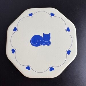 RK Ceramic Blue & White Tile Coaster Cat Lover‎ Decor Cottagecore 80s Vintage